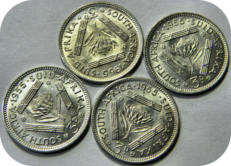 Top Grade SA Union: Lustrous 1955 tickey 3d in Brilliant UNC!!  Five specimens available!