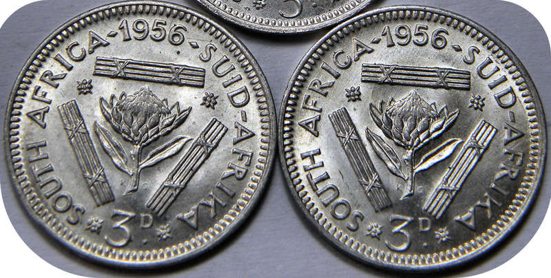 Top Grade SA Union: 1956 tickeys 3d in Brilliant UNC!!  Two specimens!