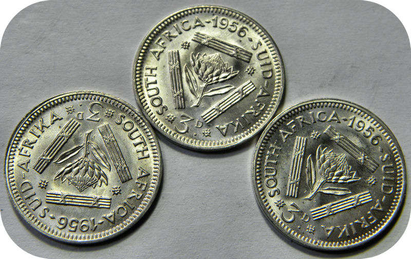 Top Grade SA Union: Lustrous 1956 tickey 3d in Brilliant UNC!!  THREE specimens available!