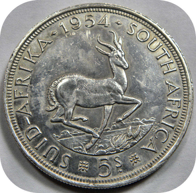 WInskoop SA Unie: 1954 Kroon 5/- onder R800!!!  Planchet fout!