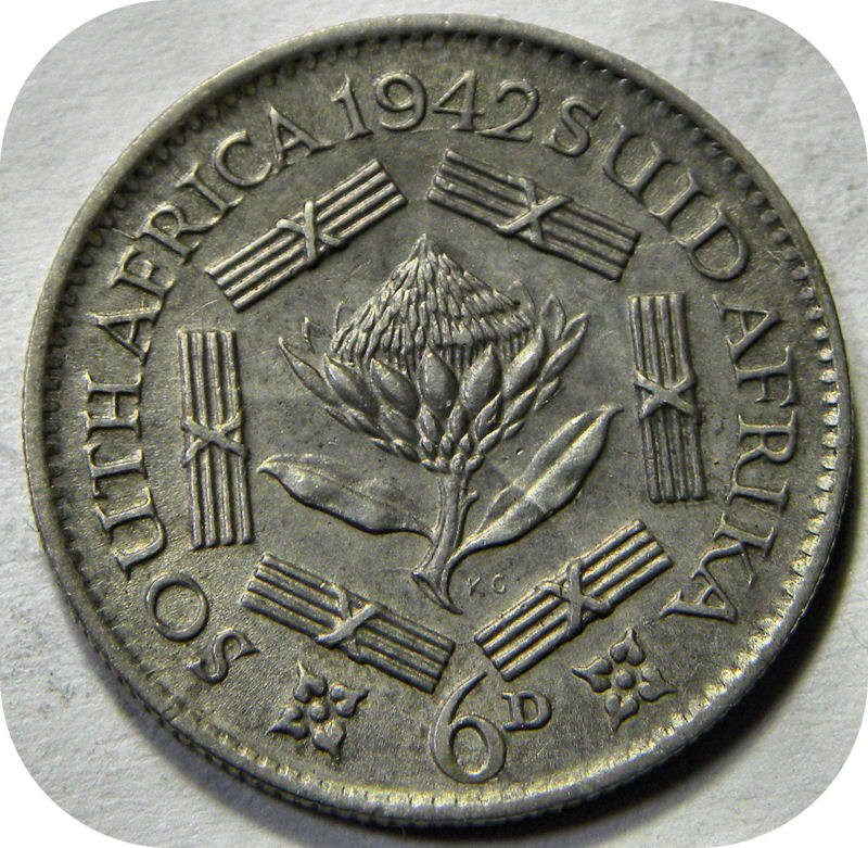 Bargain SA Union:  Lustrous 1942 Sixpence 6d in A/UNC below R300!