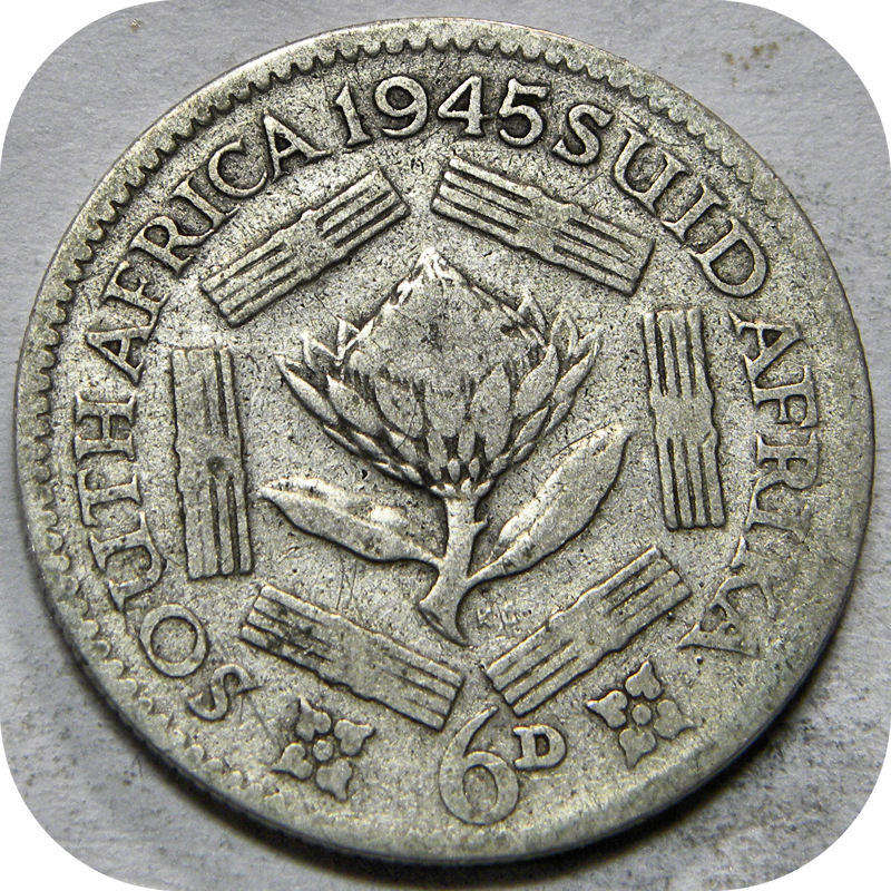 Bargain SA Union:  1945 Sixpence 6d below R30!