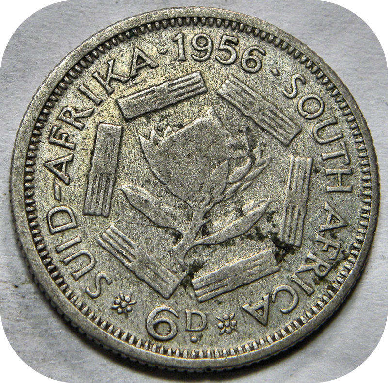 Bargain SA Union:  1956 Sixpence 6d below R20!