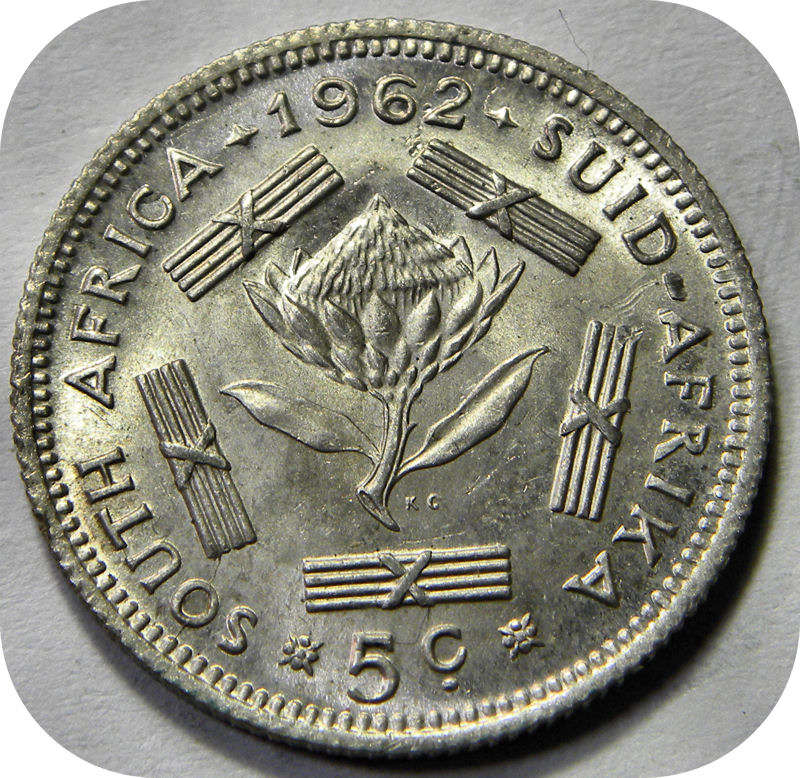 RSA silver:  1962 van Riebeeck 5c in Brilliant UNC!  Two Specimens available!