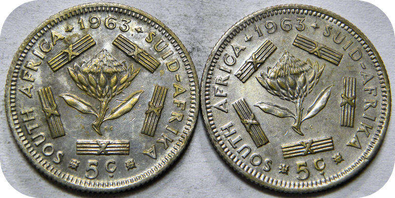 Bargain RSA silver:  1963 van Riebeeck 5c below R30each!  Bid per coin to take both.