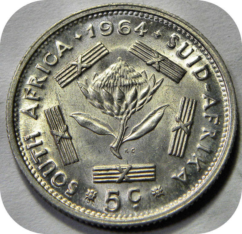 RSA silver:  1964 van Riebeeck 5c in Brilliant UNC!  Two Specimens available!