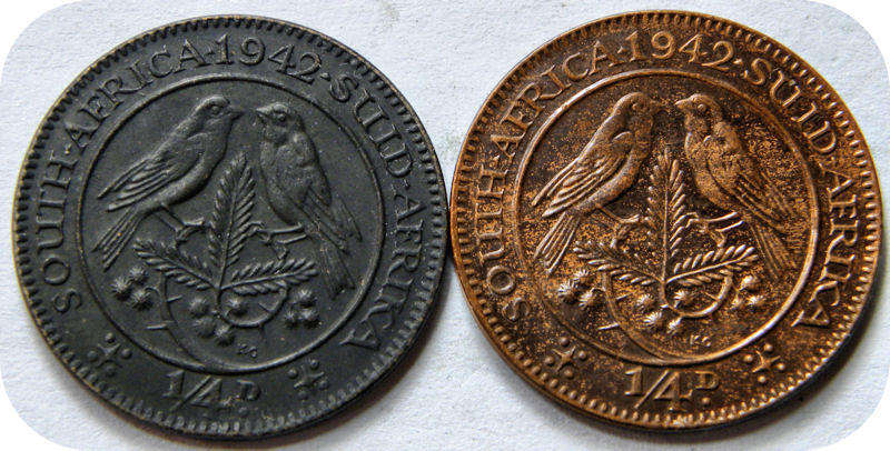 Rare SA Union:  1942 Black & Yellow  Farthings 1/4d!  Bid per coin to take both. 