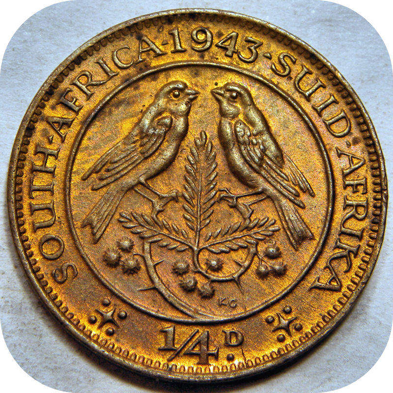 Top Grade SA Union:  Incredibly Yellow 1943 Farthing 1/4d in UNC!