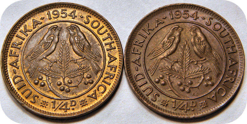 Top Graad SA Unie:  2x 1954 1/4d Kwartpennies in ROOI A/UNC!!  Bie per munt vir altwee.