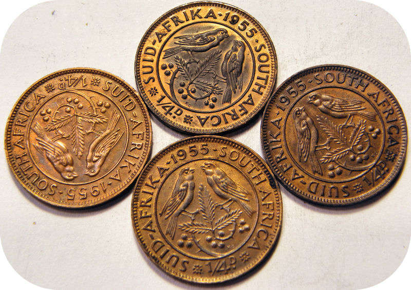 Top Graad SA Unie: 4 x 1955 1/4d in A/UNC onder R40!  Bie per munt.