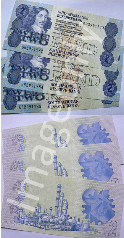 Top Grade RSA notes: 3x R2 DeKock GR299** 1983 UNC, starting at R20 each!