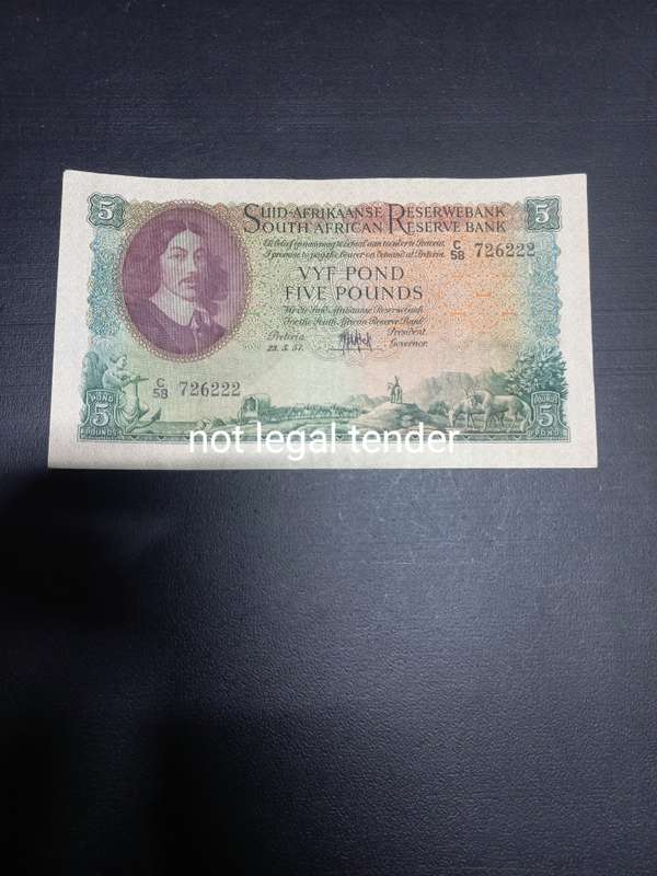 1957 MH de Kock 3rd Issue Afr/Eng Five Pound Banknote (C58)