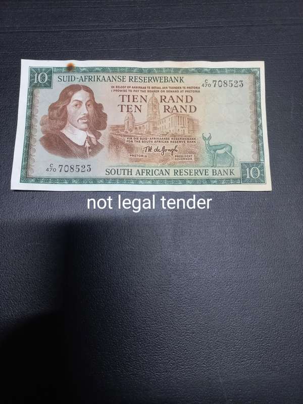 1975 TW de Jongh 3rd Issue Afr/Eng Ten Rand Banknote (C470)
