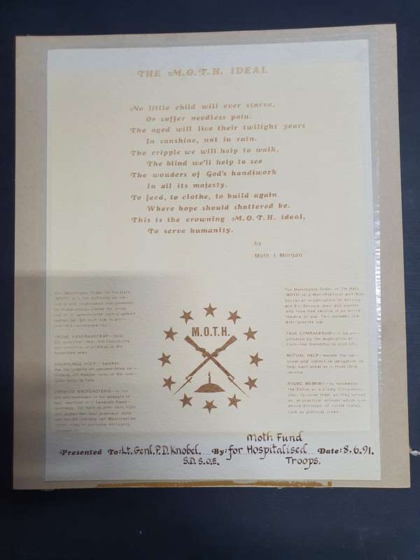Moth Fund for Hospitalized Troops to Genl N Knobel (SG) . 52cm x 35cm Hardboard