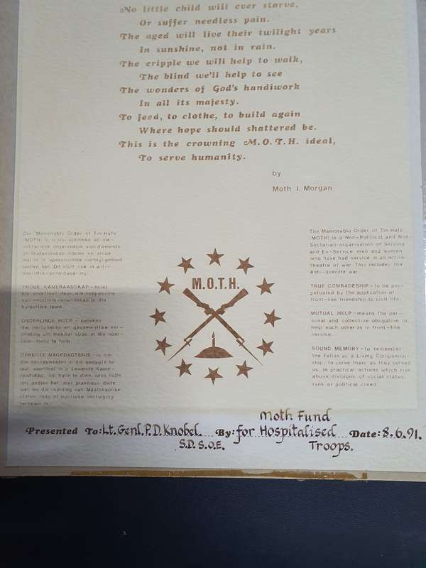Moth Fund for Hospitalized Troops to Genl N Knobel (SG) . 52cm x 35cm Hardboard