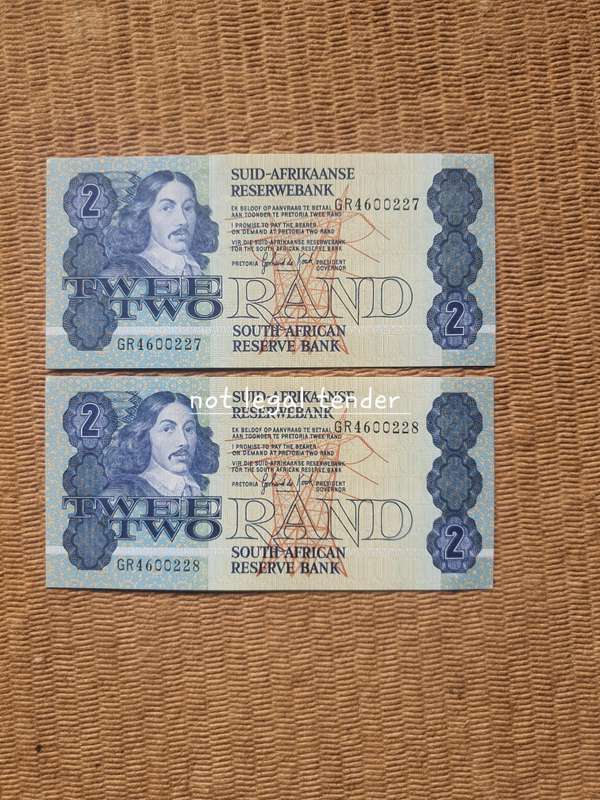 Unc 2 Sequential 1989 GPC de Kock 3rd issue Afr/Eng Two Rand Banknotes (GR)