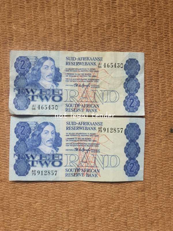 1978 Tw De Jongh 4th issue Afr/Eng Two Rand Banknotes (A1A2)