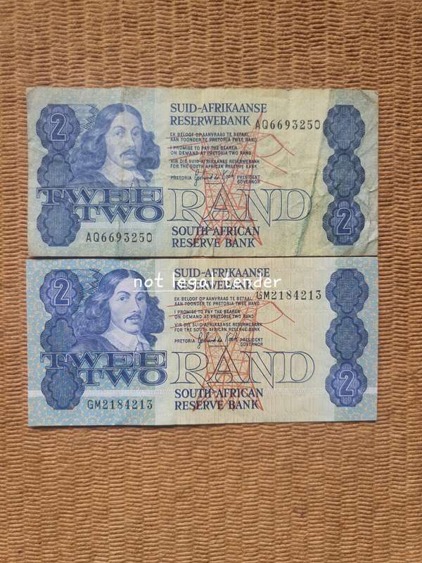 Two 1989 GPC de Kock 3rd issue Afr/Eng Two Rand Banknotes (AQGM)