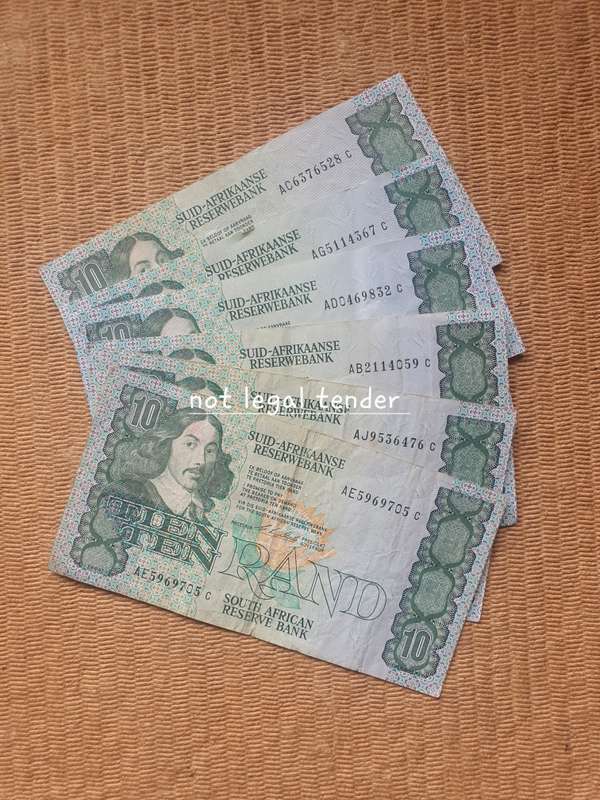 6 C Stals 1st Issue Afr/Eng Ten Rand Banknotes (AJ/AC)