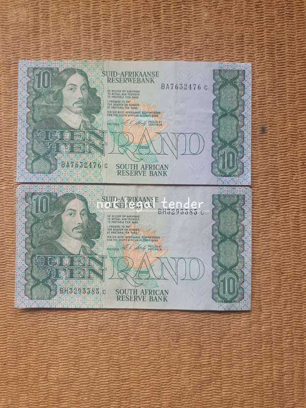 2 C Stals 1st Issue Afr/Eng Ten Rand Banknotes (BA/BH)