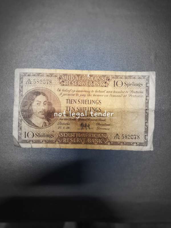 1959 MH de Kock 3rd issue Afr/Eng Ten Shilling Banknote (A174) 2 Tears