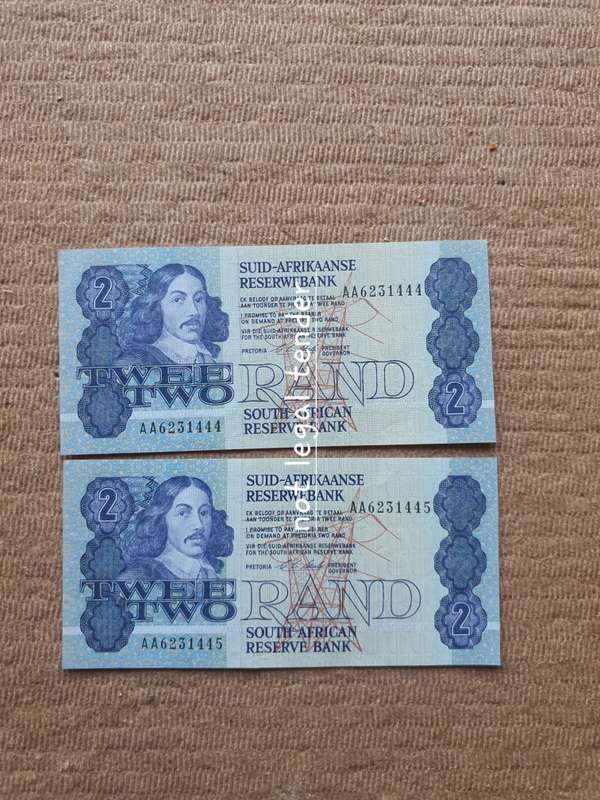 UNC 1990 C Stals AA 1st Issue  Afr/Eng Two Rand Banknote (AA444/5)