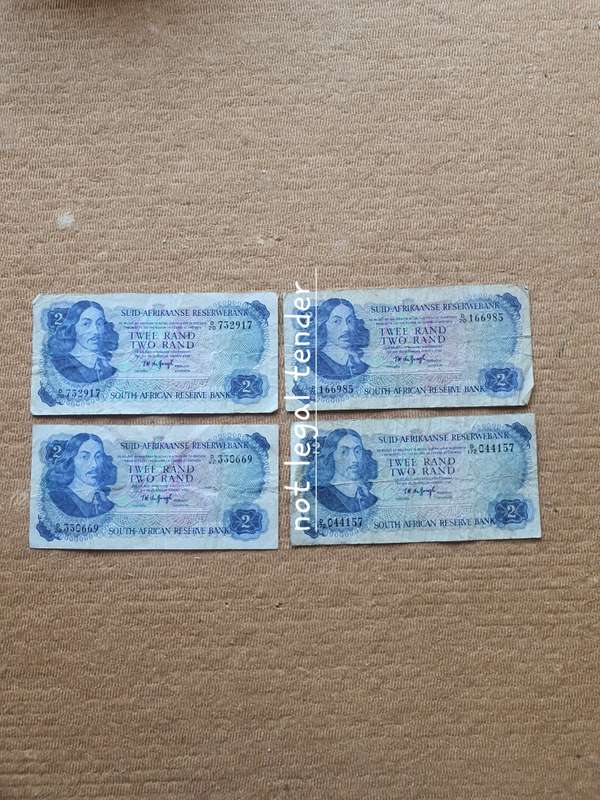 Four 1974 TW de Jongh 2nd Issue Afr/Eng Two Rand Banknotes. (D20/172)