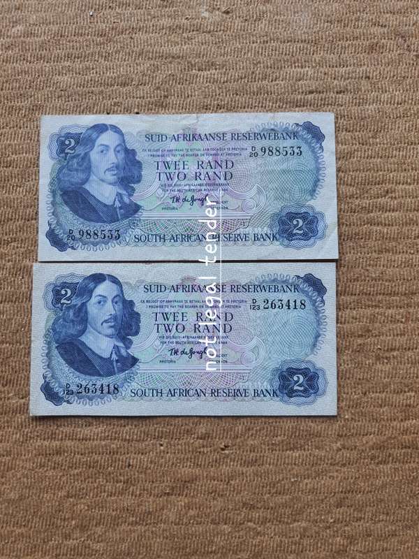 Four 1974 TW de Jongh 2nd Issue Afr/Eng Two Rand Banknotes. (D20/123)