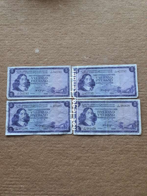 Four 1974 TW de Jongh 2nd Issue Afr/Eng Five Rand Banknotes. (D20/123)