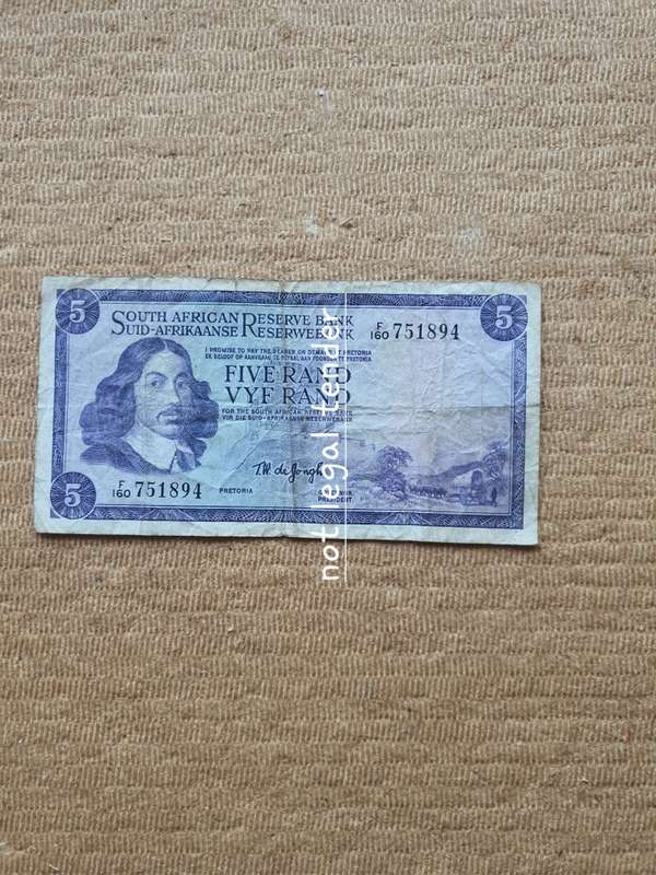1974 TW de Jongh 2nd Issue Afr/Eng Five Rand Banknotes. (D160)