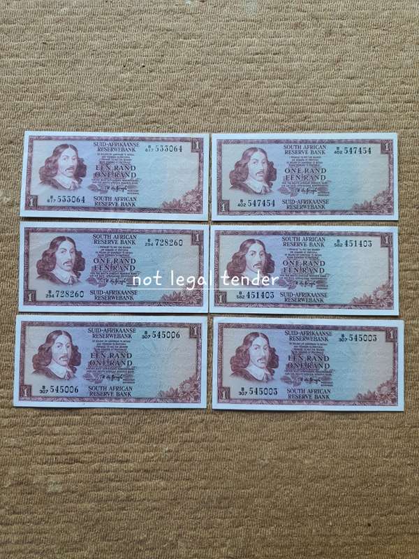 Six Unc 1973/5 TW de Jongh 2/3rd Issue Eng/Afr One Rand Banknotes (B64/60)