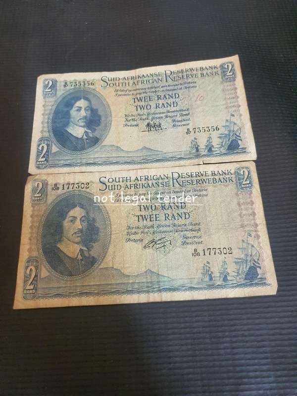 MH de Kock G Rissik Type Set  Afr/Eng Two Rand Banknotes (B97)