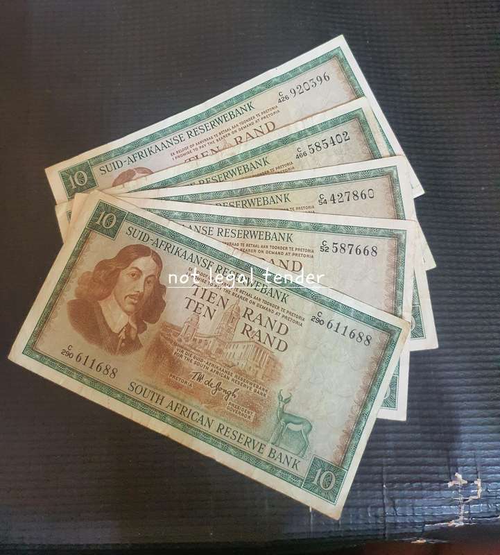 5 TW De Jongh Various Issues Afr/Eng Ten Rand Banknotes (290)