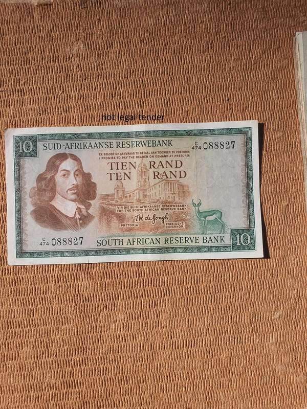 1975 Tw de Jongh 3rd issue Afr/Eng Ten Rand Banknote. (A474)