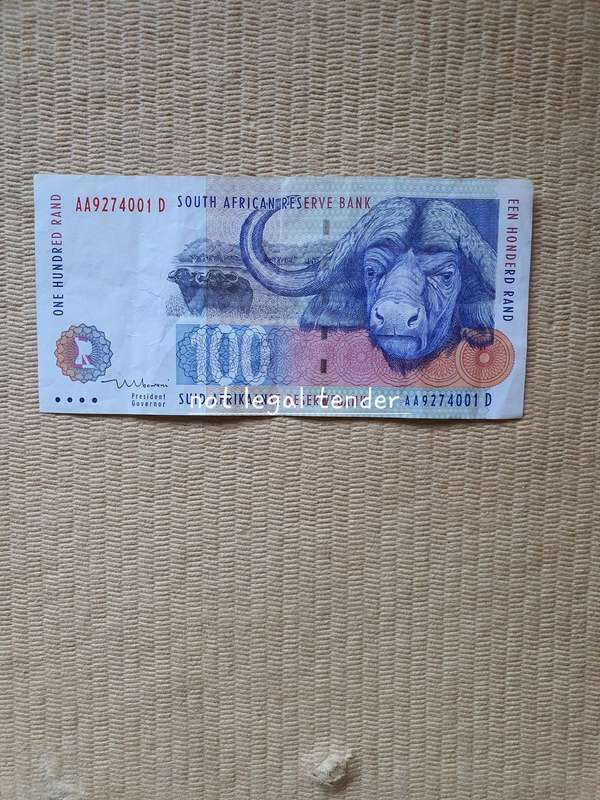1999 T Mboweni 1ST issue Eng/Afr Hundred Rand Banknote (AA)