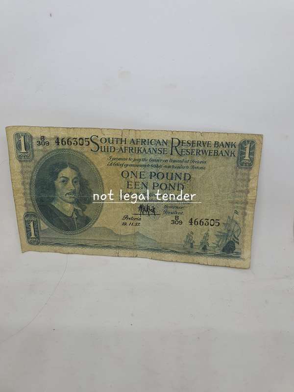 1957 MH De Kock 3rd Issue Eng/Afr One Pound Banknote (B309) tears