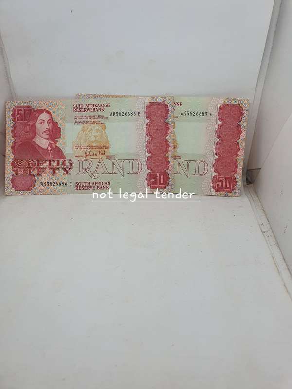 UNC 2 Sequential 1984 GPC de Kock 3rd Issue Eng/Afr Fifty Rand Banknotes (AK86/87)