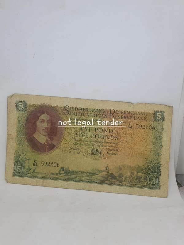 1958 MH de Kock 3rd Issue Afr/Eng 5 Pound Banknote (C64) Filler