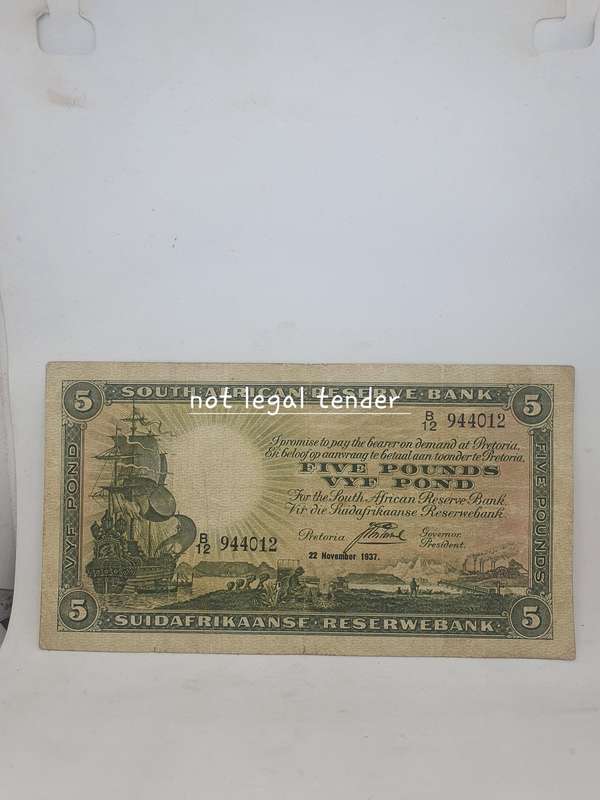 Scarce 1937 Postmus 1st Issue Eng/Afr Five Pound Banknote (B12)
