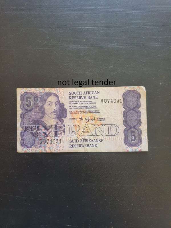 TW de Jongh Replacement 4th issue Eng/Afr Five Rand Banknote. (X2).