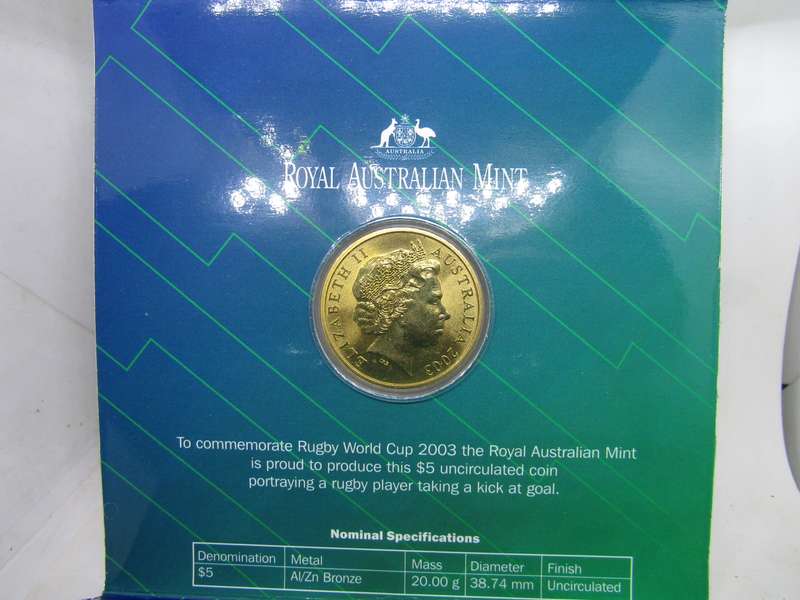 2003 World Cup Rugby $5 Australian coin. Crown Size