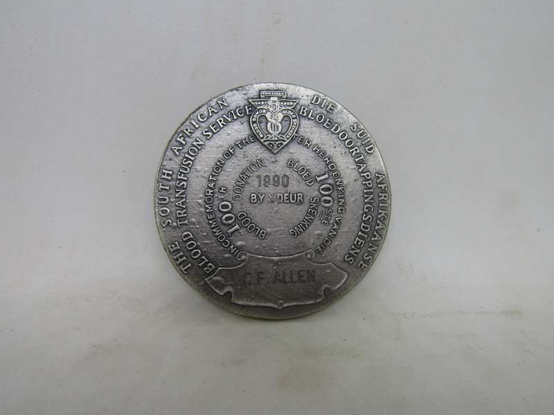 1990 Blood Transfusion Medal To RF Allen. 100 Donations