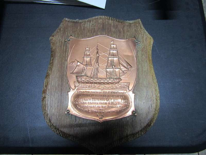 Commemorative plaque marking 100 Years of the death of Admiral Nelson and made with copper from ship