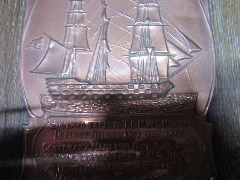 Commemorative plaque marking 100 Years of the death of Admiral Nelson and made with copper from ship