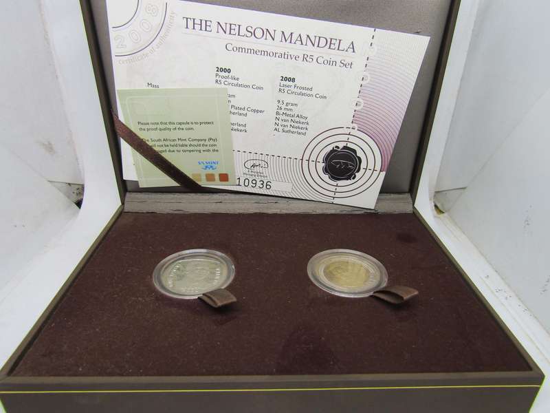 The Nelson Mandela Commemorative R5 coin set. Both Proof