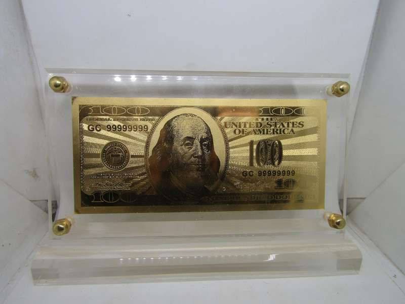 Gold 999.9 $100 Gold Plated Banknote with Stand