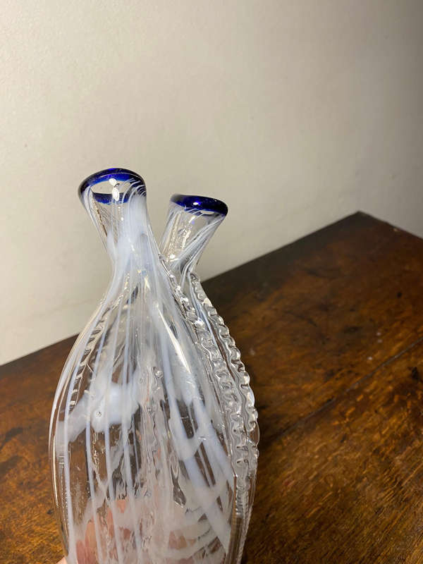 Gemel Double Flask Glass Bottle White & Blue Nailsea Type Antique Blown Glass