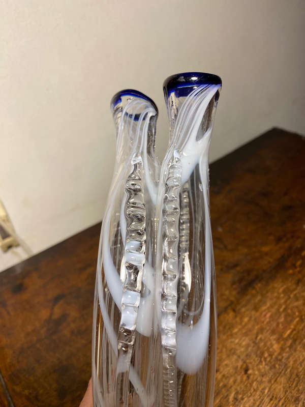 Gemel Double Flask Glass Bottle White & Blue Nailsea Type Antique Blown Glass