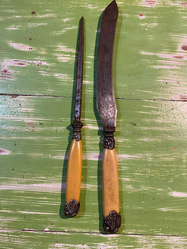 Antique bone handle carving knife and sharpening stick