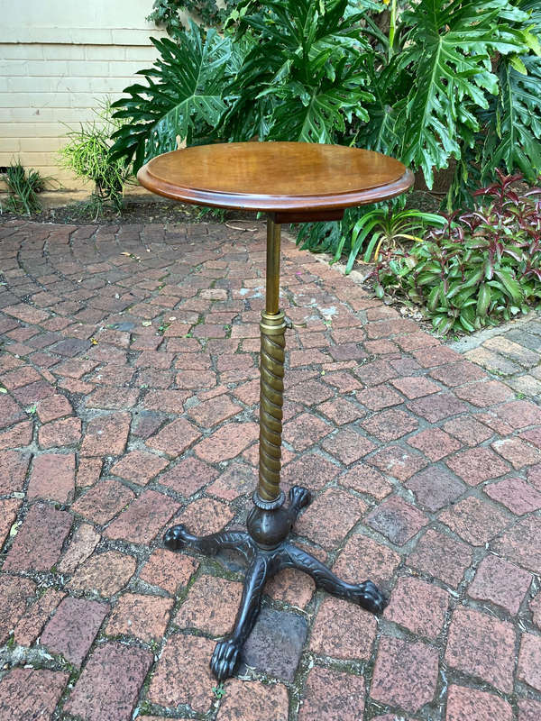 Antique Brass Telescopic Wine Table With Twisted Column And Lions Paw Feet